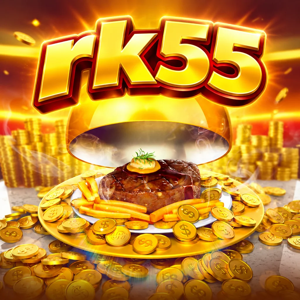 rk55 Diner Delights dengan hidangan steik dan tumpukan koin emas